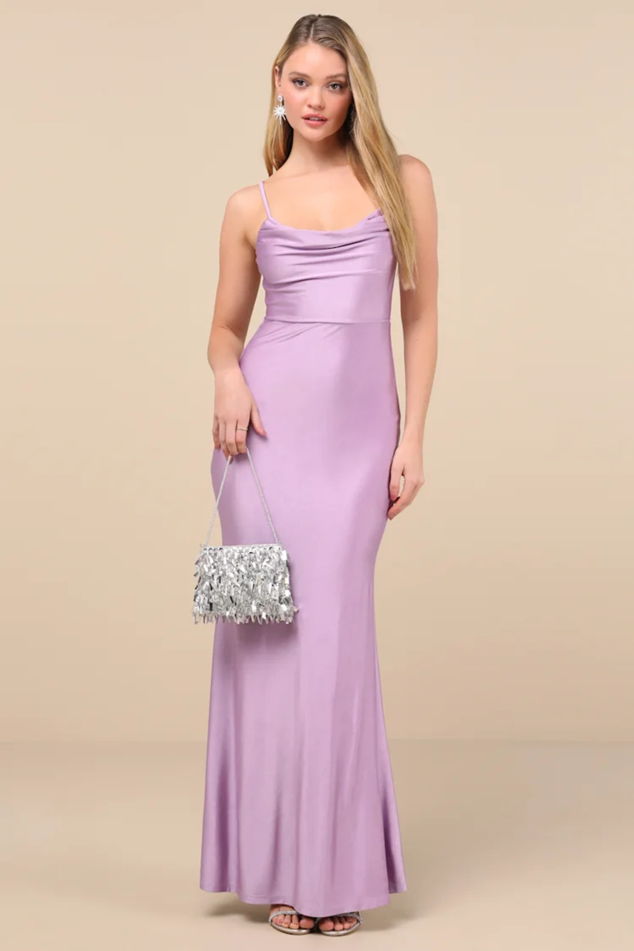 Lulus Cute Definition Lavender Slinky Knit Cowl Neck Maxi Dress